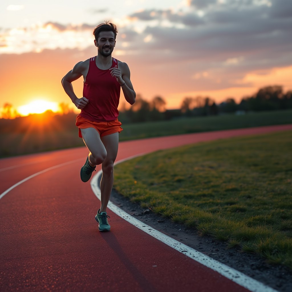a runner sprinting on a track at sunset, highly detailed, 8k, professional photography, sharp focus