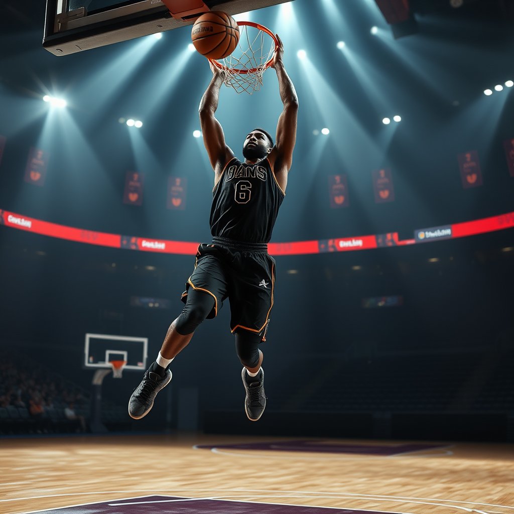 a basketball player dunking with dramatic lighting, ultra realistic, crisp details, studio quality