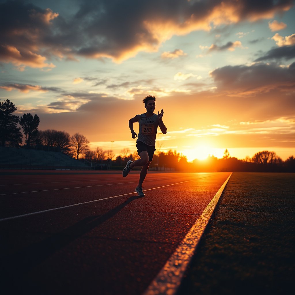 a runner sprinting on a track at sunset, moody lighting, high contrast, fine art photography
