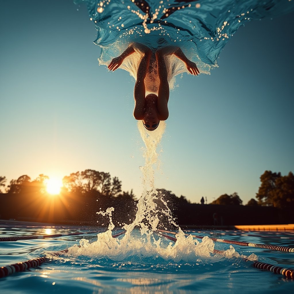 a swimmer diving into a pool, action shot, golden hour lighting, warm tones, atmospheric