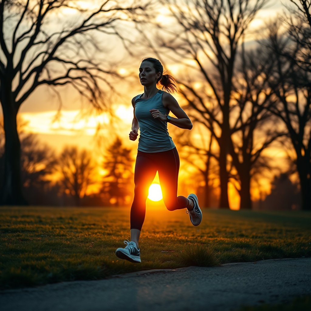 woman jogging in a park at sunrise, fully dressed in athletic wear, running t-shirt and leggings, covered properly, full body mid-stride, both arms and both legs visible, single natural human figure, head correctly attached, anatomically correct proportions, no underwear, no nudity, no missing or extra limbs, no artifacts, photorealistic professional fitness photography, cinematic lighting, vibrant colors, dramatic atmosphere