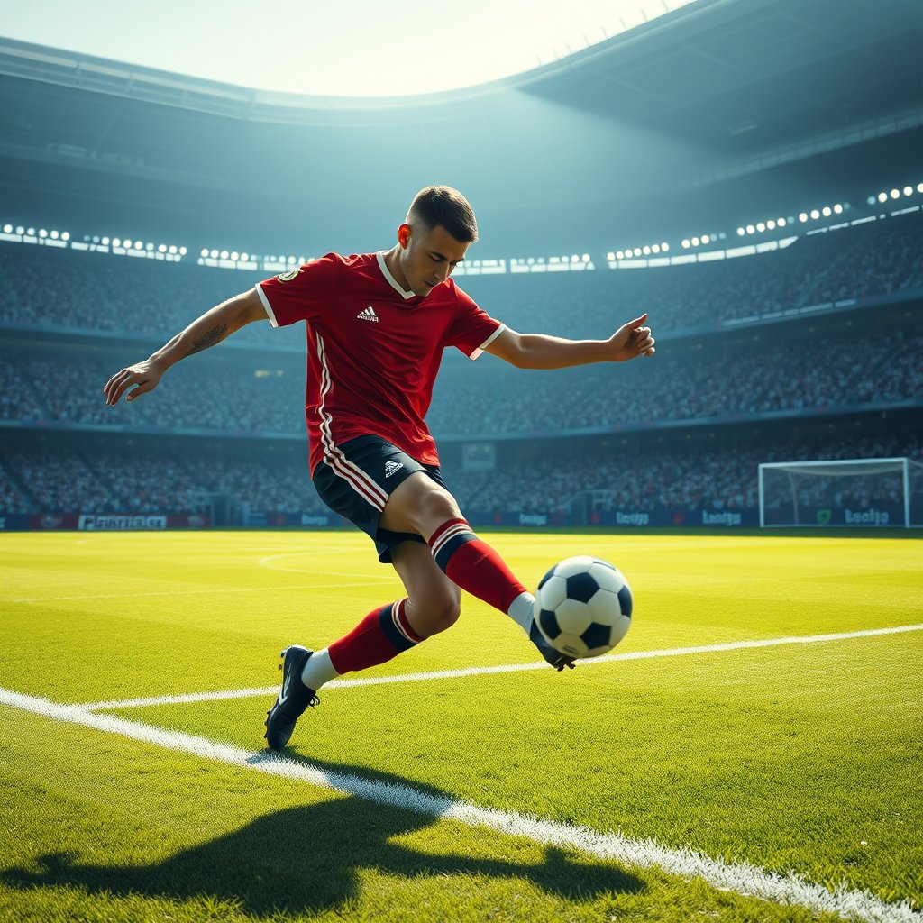 a soccer player kicking the ball in a stadium, ultra realistic, crisp details, studio quality