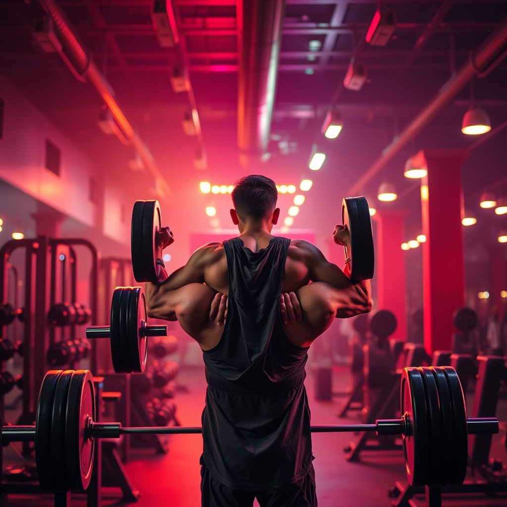 a person lifting weights in a modern gym, cinematic lighting, vibrant colors, dramatic atmosphere