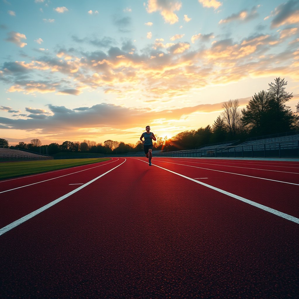 a runner sprinting on a track at sunset, highly detailed, 8k, professional photography, sharp focus
