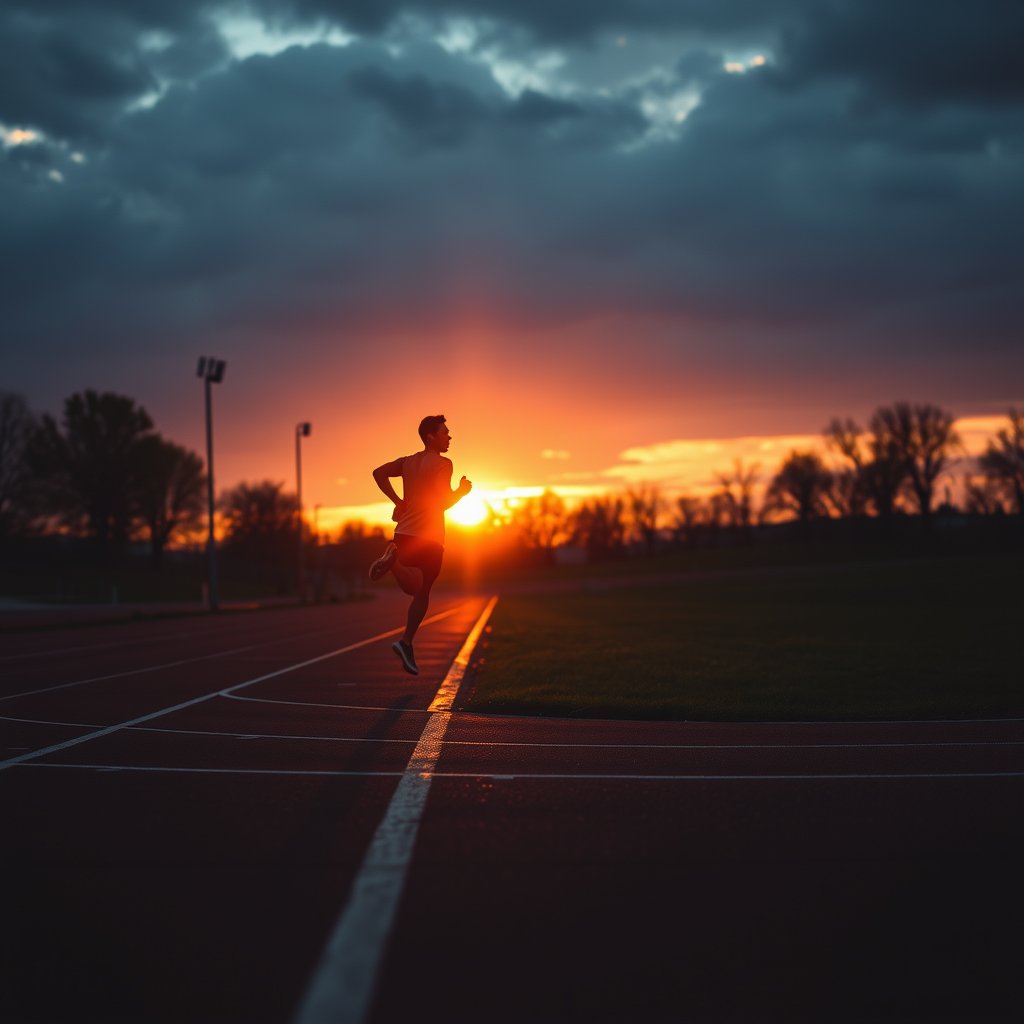 a runner sprinting on a track at sunset, moody lighting, high contrast, fine art photography