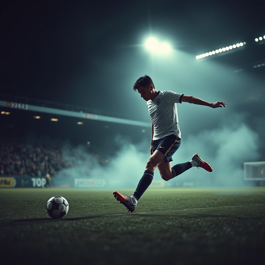 a soccer player kicking the ball in a stadium, moody lighting, high contrast, fine art photography