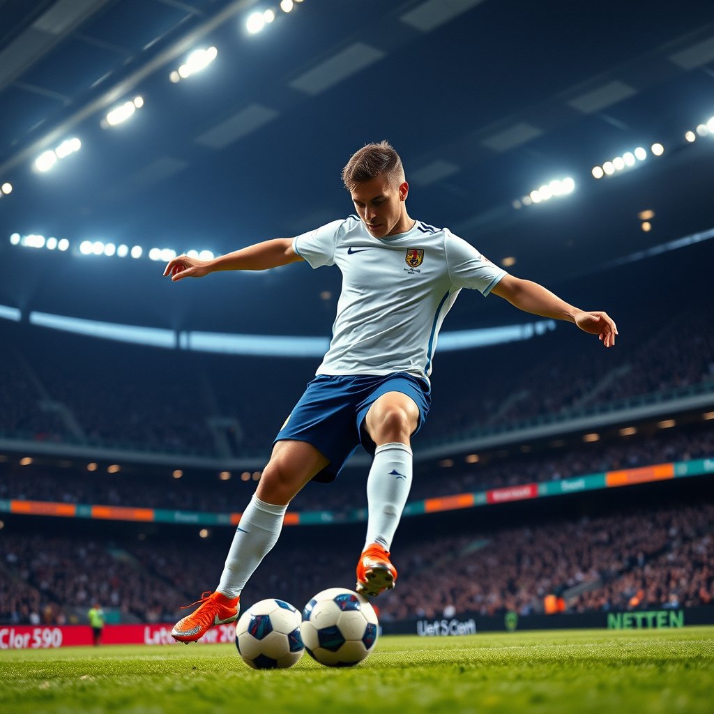 a soccer player kicking the ball in a stadium, highly detailed, 8k, professional photography, sharp focus