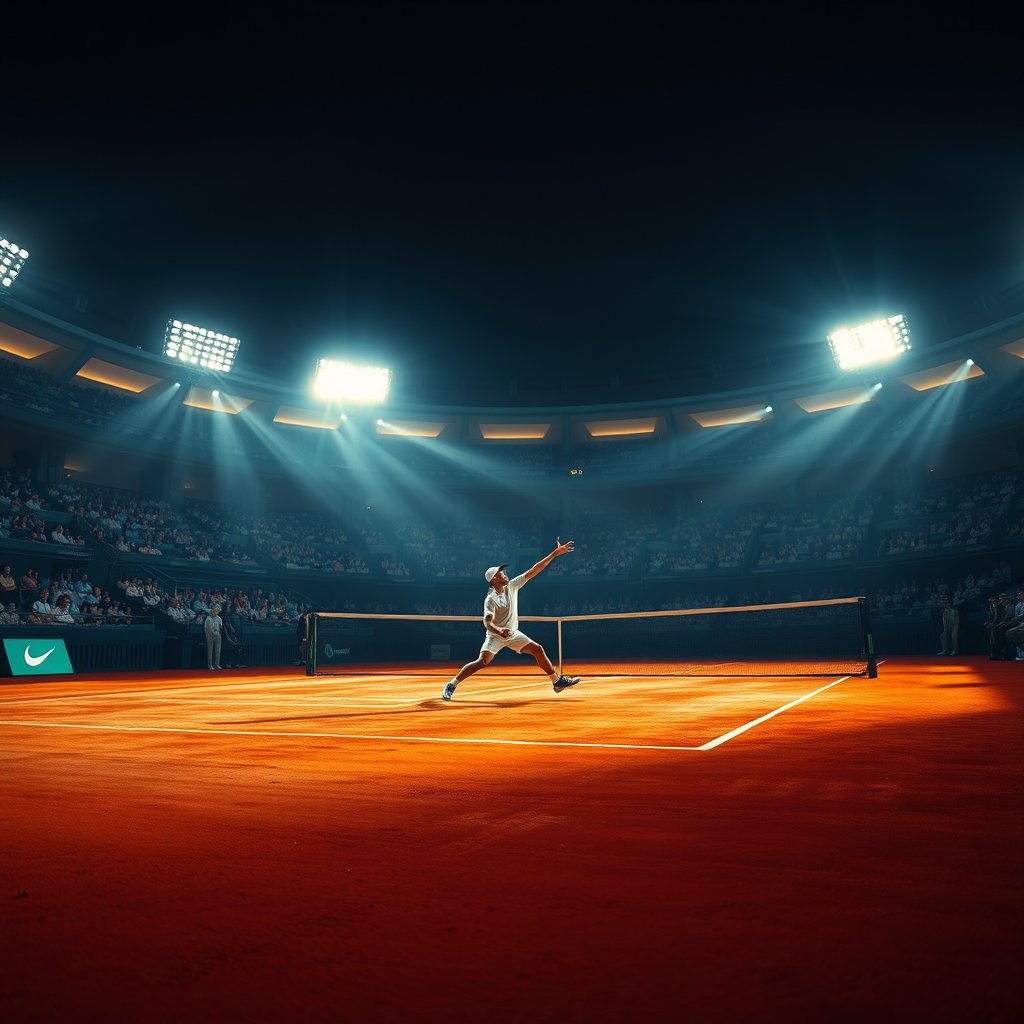 a tennis player serving on a clay court, cinematic lighting, vibrant colors, dramatic atmosphere