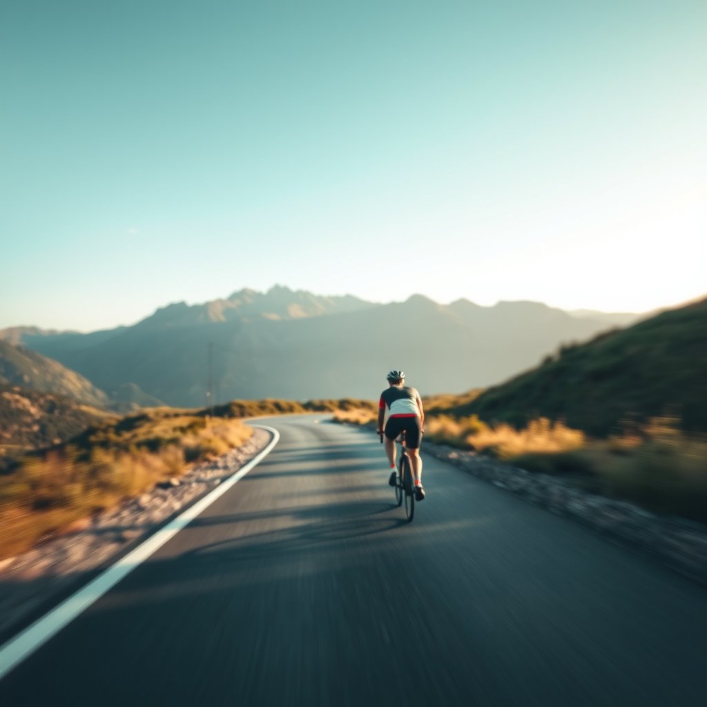 a cyclist riding through a mountain road, soft natural light, shallow depth of field, bokeh