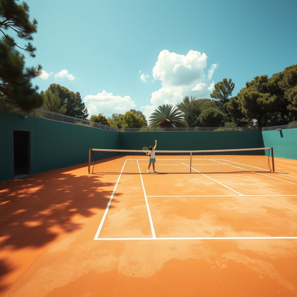 a tennis player serving on a clay court, bright and airy, pastel tones, dreamy aesthetic