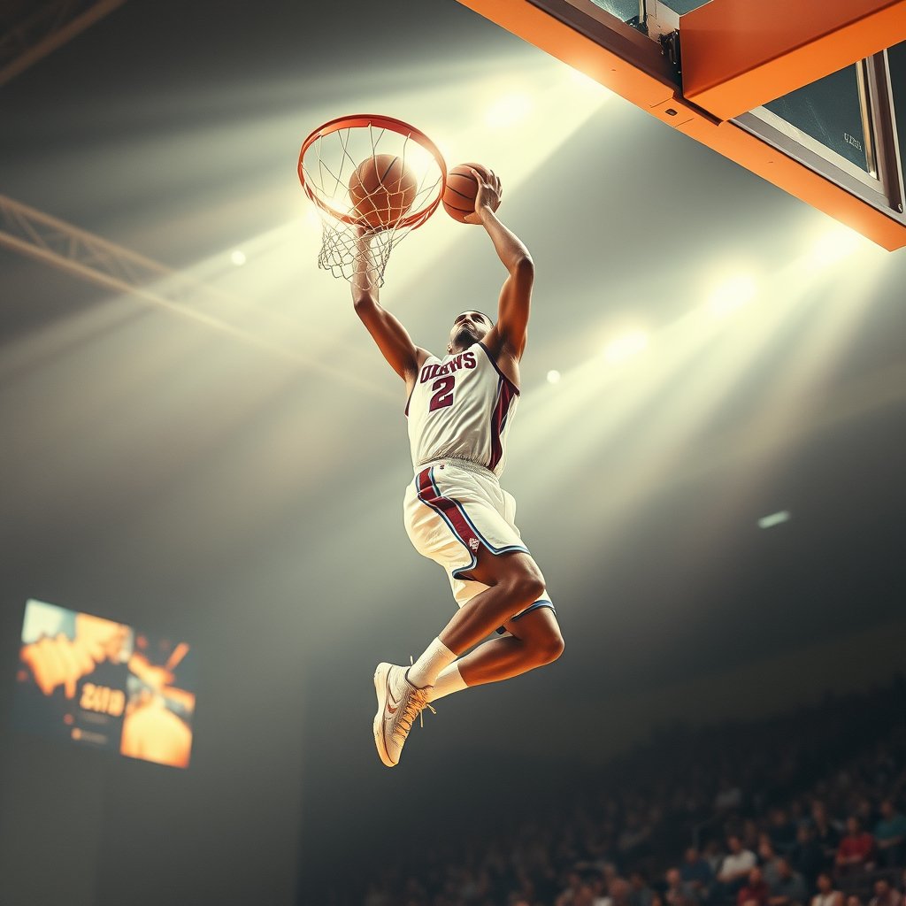 a basketball player dunking with dramatic lighting, bright and airy, pastel tones, dreamy aesthetic