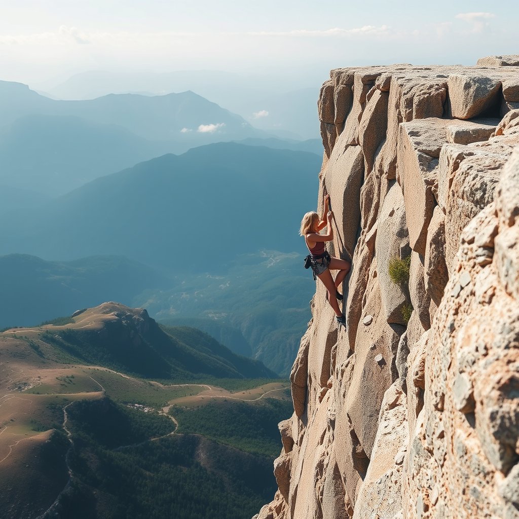 a rock climber scaling a steep cliff, bright and airy, pastel tones, dreamy aesthetic
