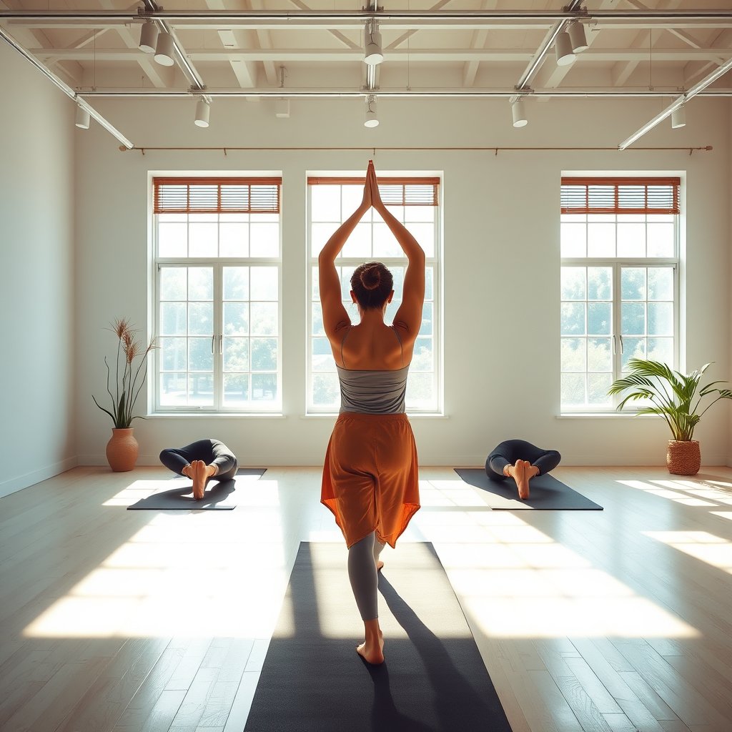 a yoga session in a bright studio, ultra realistic, crisp details, studio quality