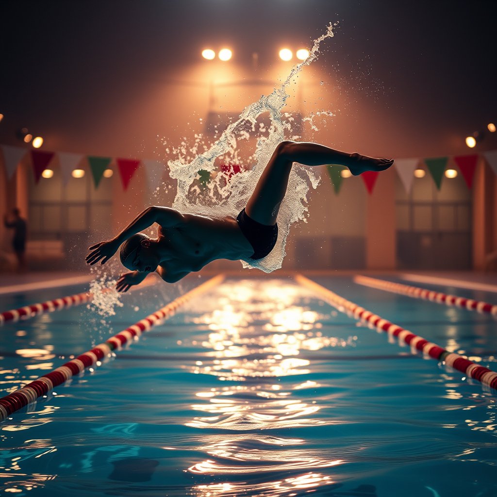 a swimmer diving into a pool, action shot, cinematic lighting, vibrant colors, dramatic atmosphere