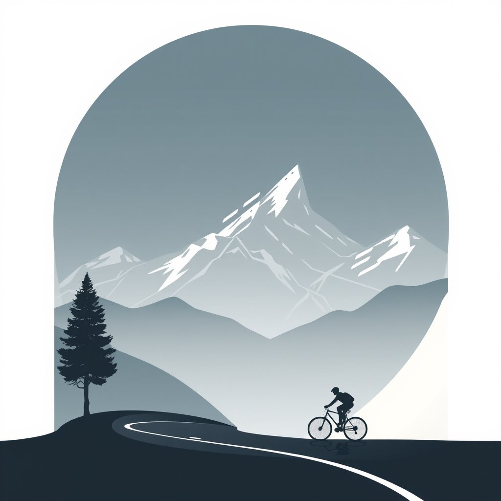 a cyclist riding through a mountain road, minimalist composition, clean background, elegant