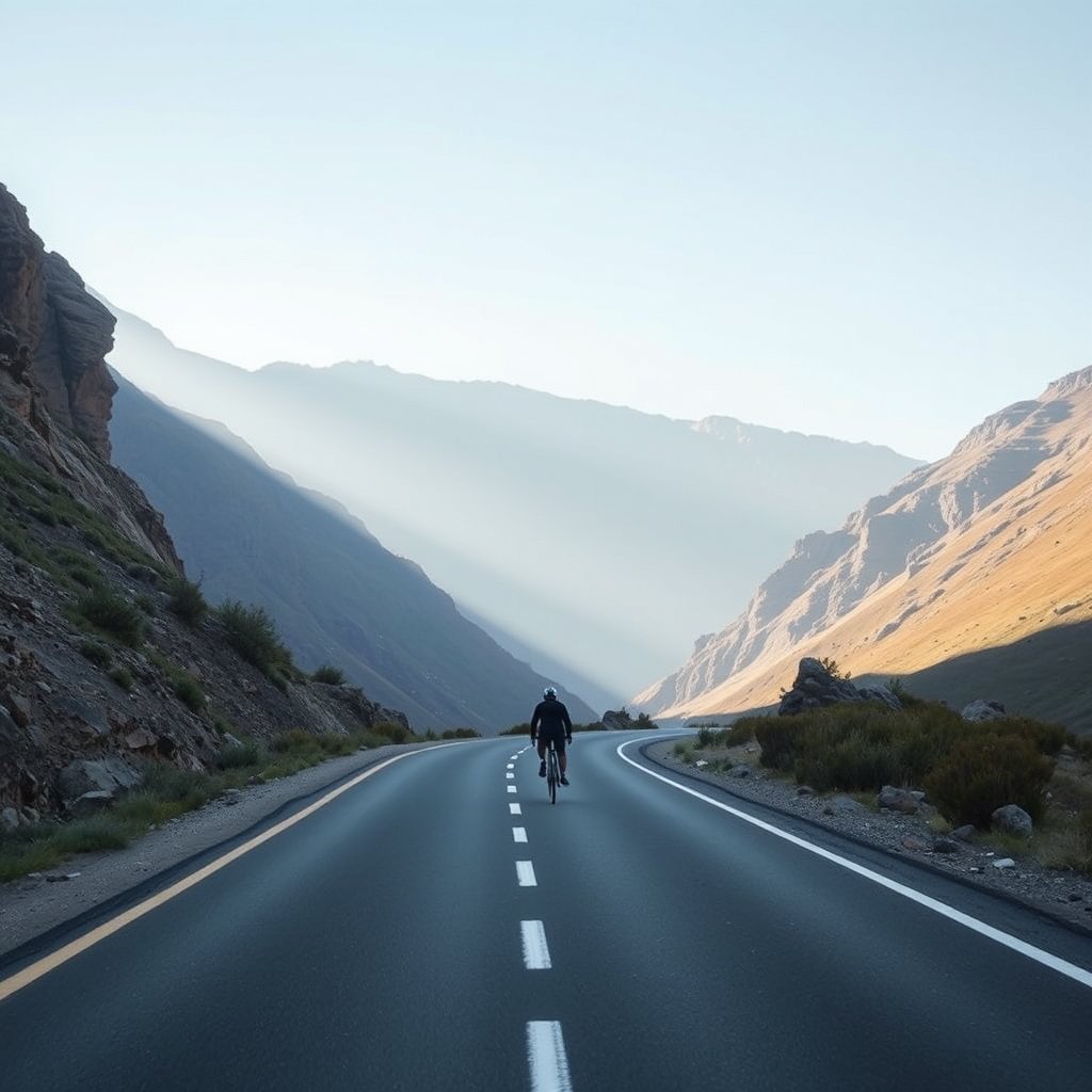 a cyclist riding through a mountain road, minimalist composition, clean background, elegant