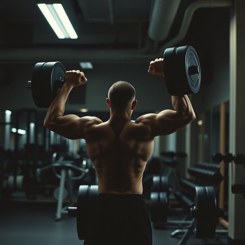 a person lifting weights in a modern gym, moody lighting, high contrast, fine art photography