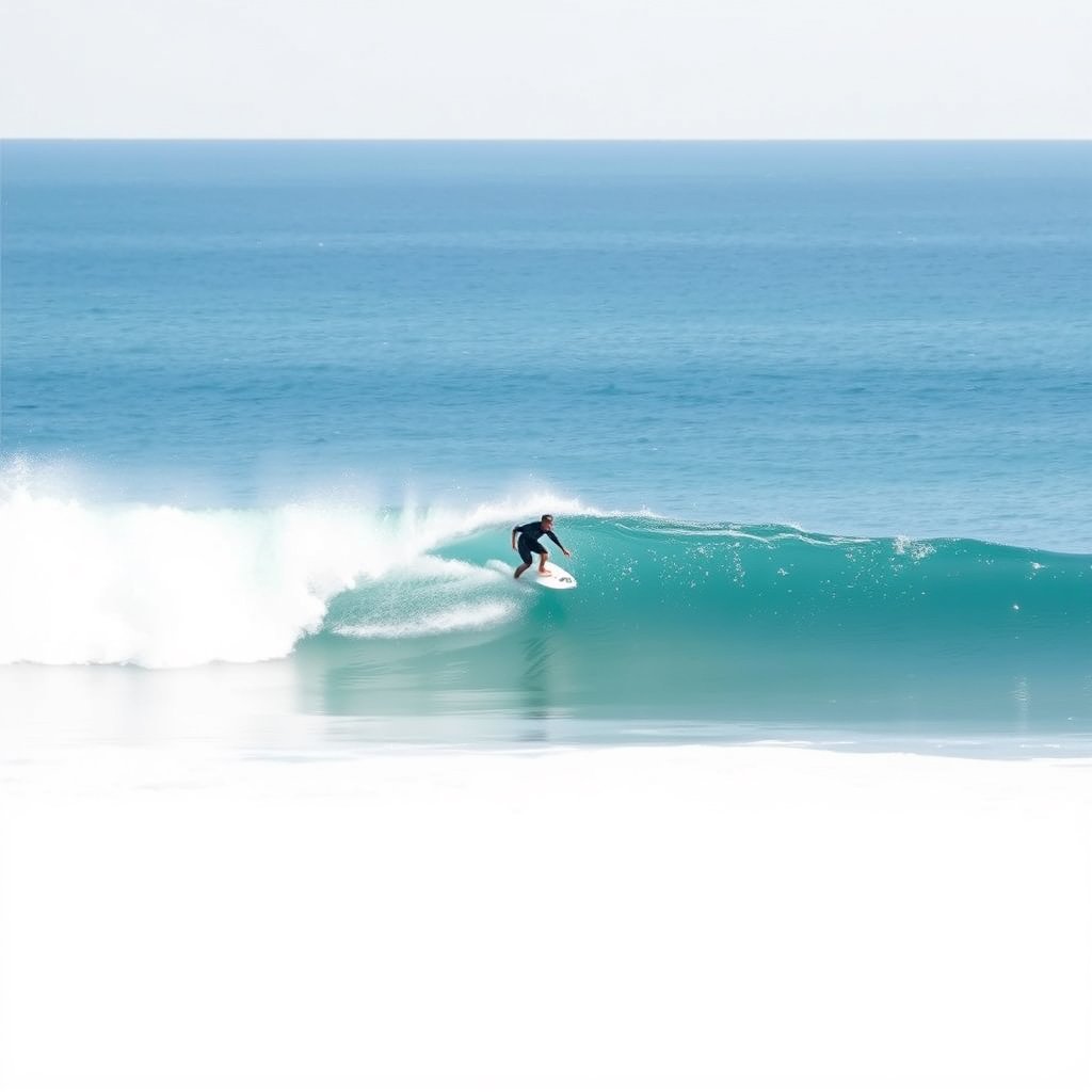 a surfer riding a big ocean wave, minimalist composition, clean background, elegant
