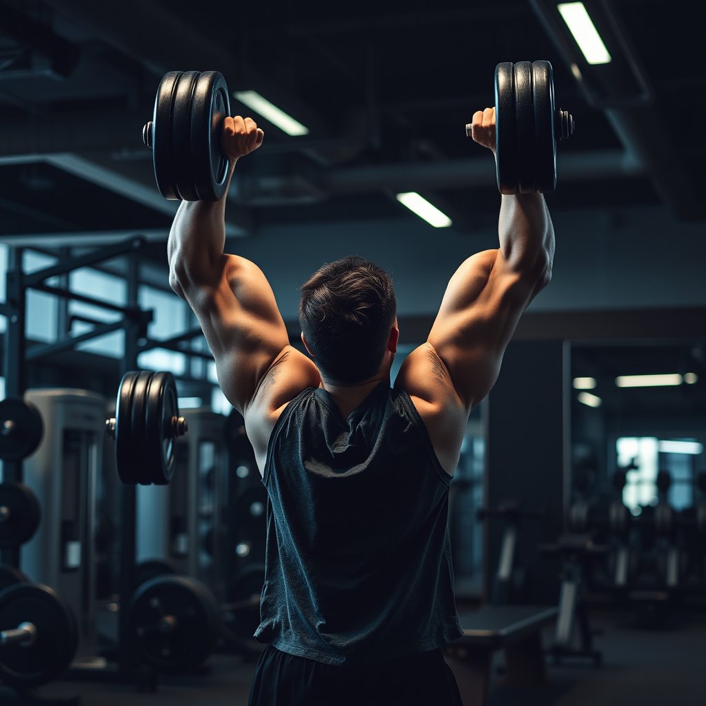 a person lifting weights in a modern gym, moody lighting, high contrast, fine art photography