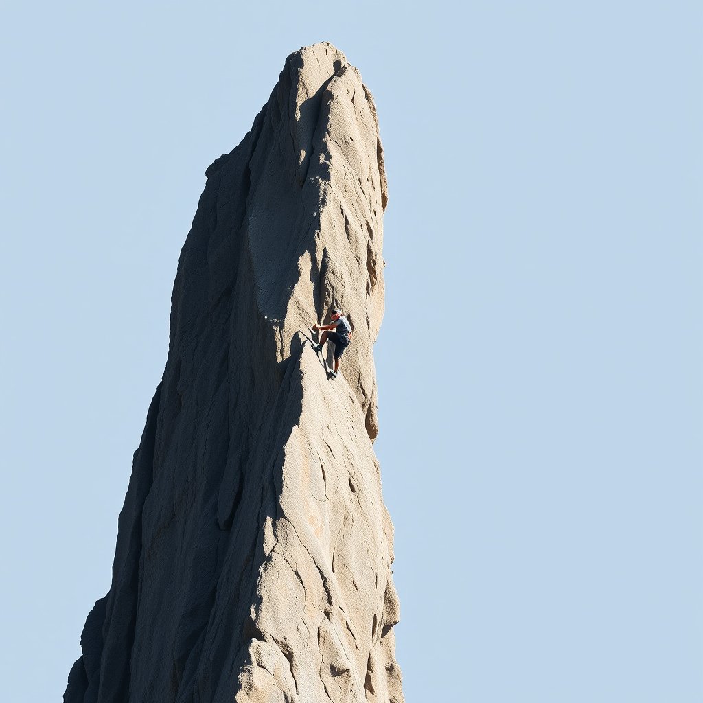 a rock climber scaling a steep cliff, minimalist composition, clean background, elegant