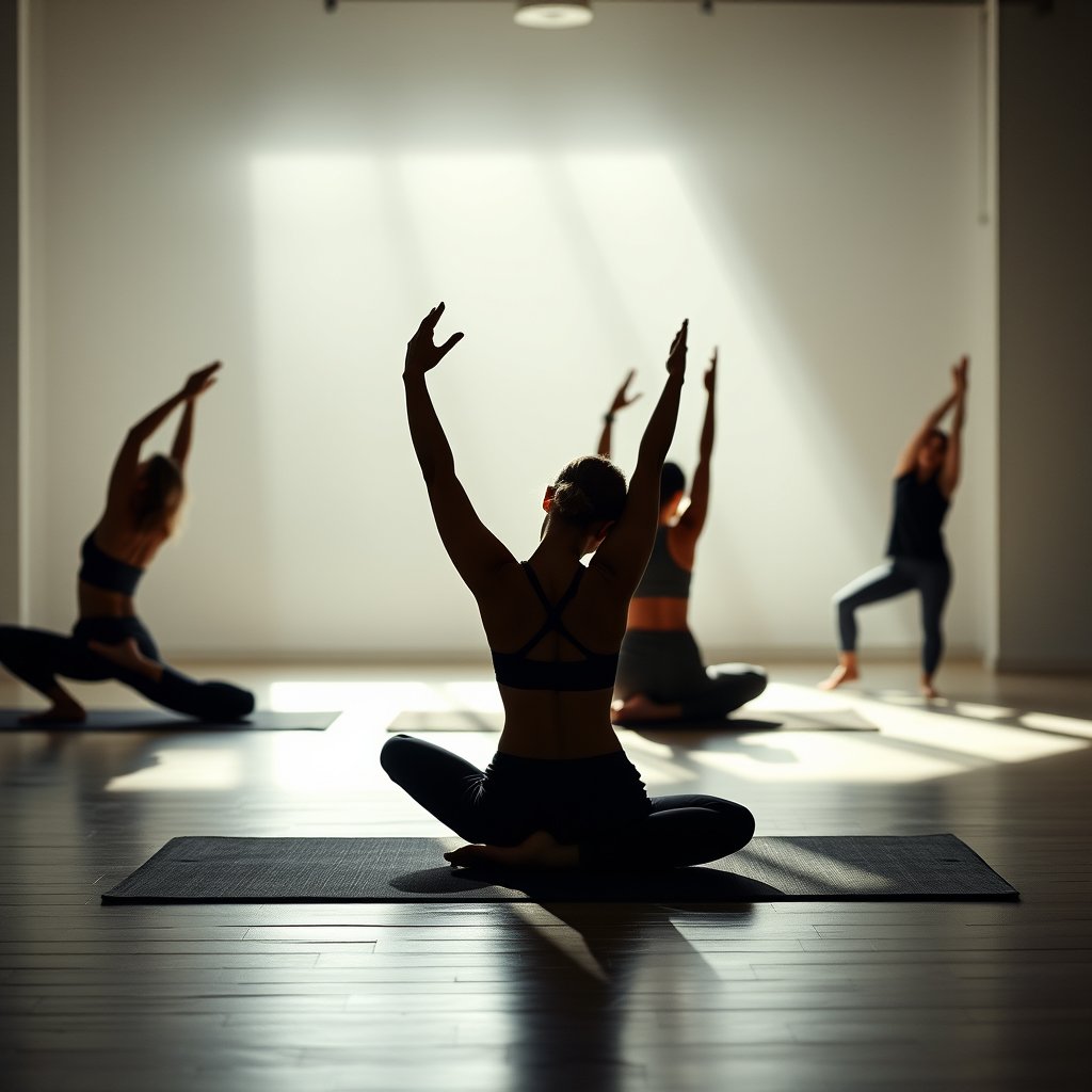 a yoga session in a bright studio, moody lighting, high contrast, fine art photography