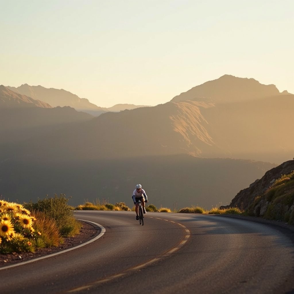 a cyclist riding through a mountain road, golden hour lighting, warm tones, atmospheric