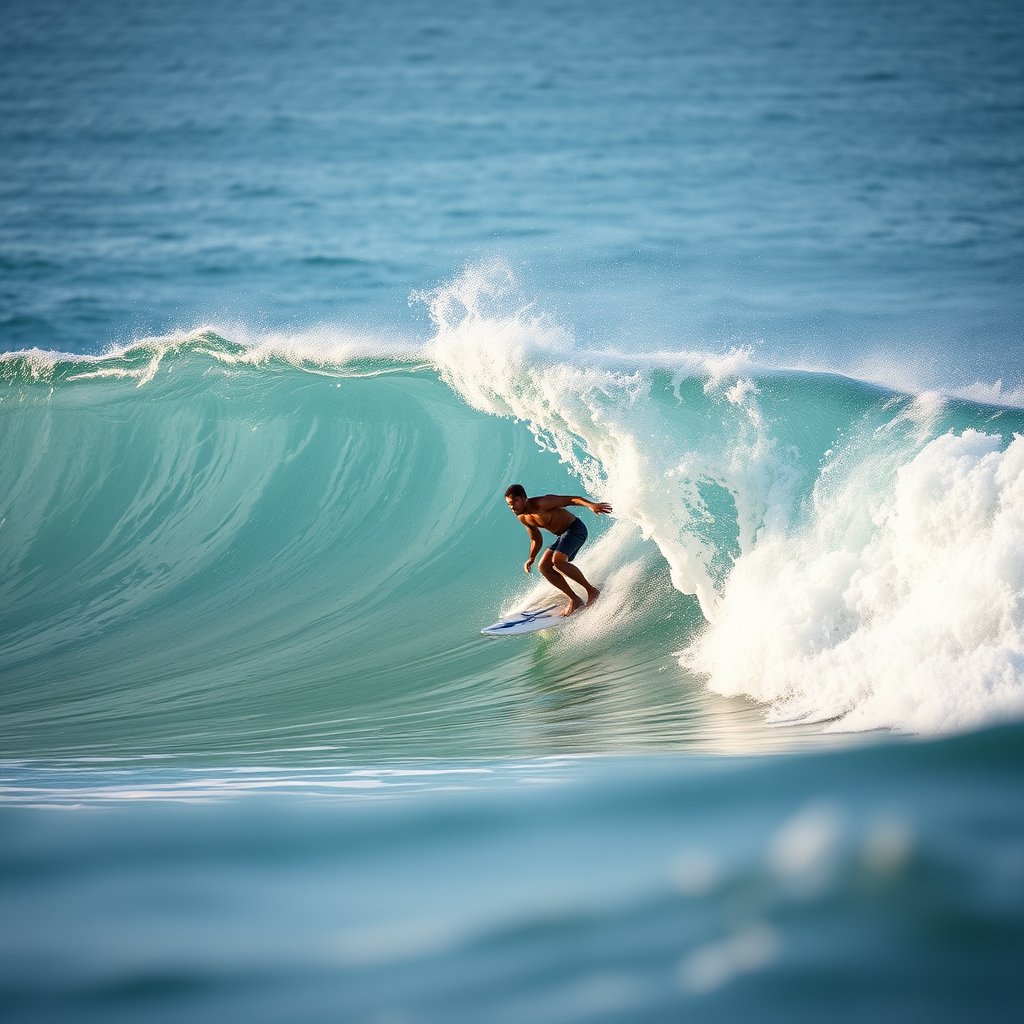 a surfer riding a big ocean wave, soft natural light, shallow depth of field, bokeh