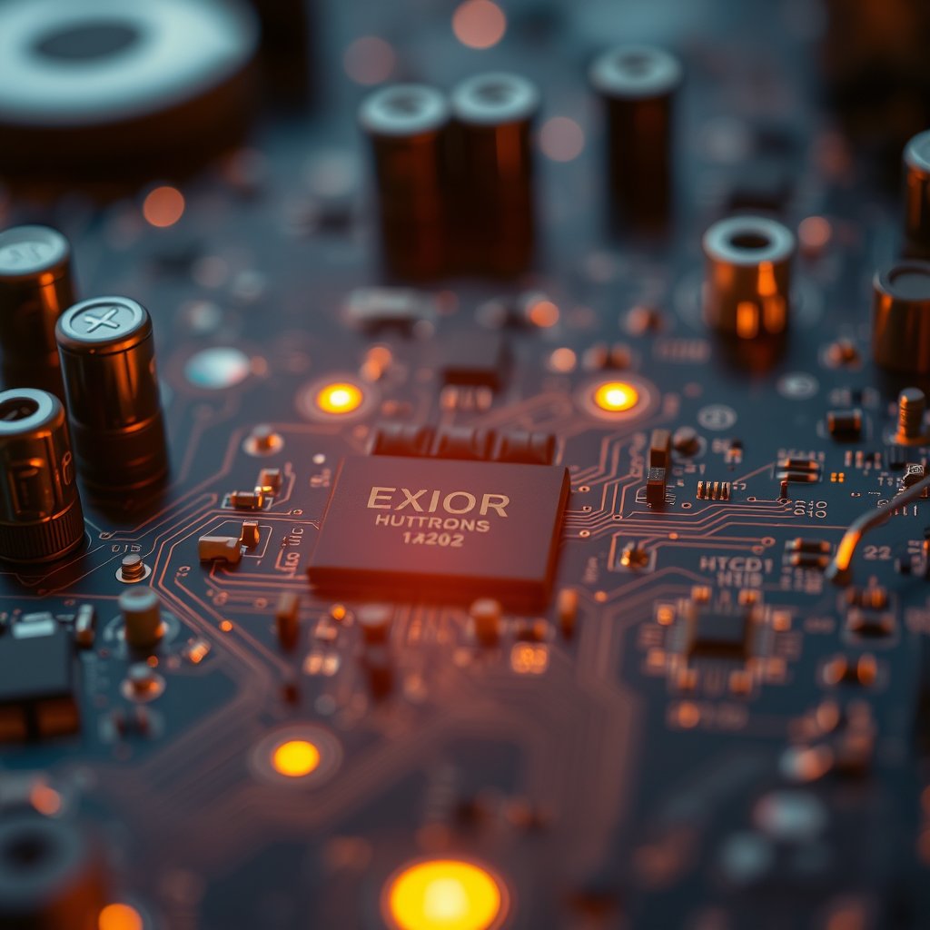 a circuit board macro shot with glowing components, golden hour lighting, warm tones, atmospheric
