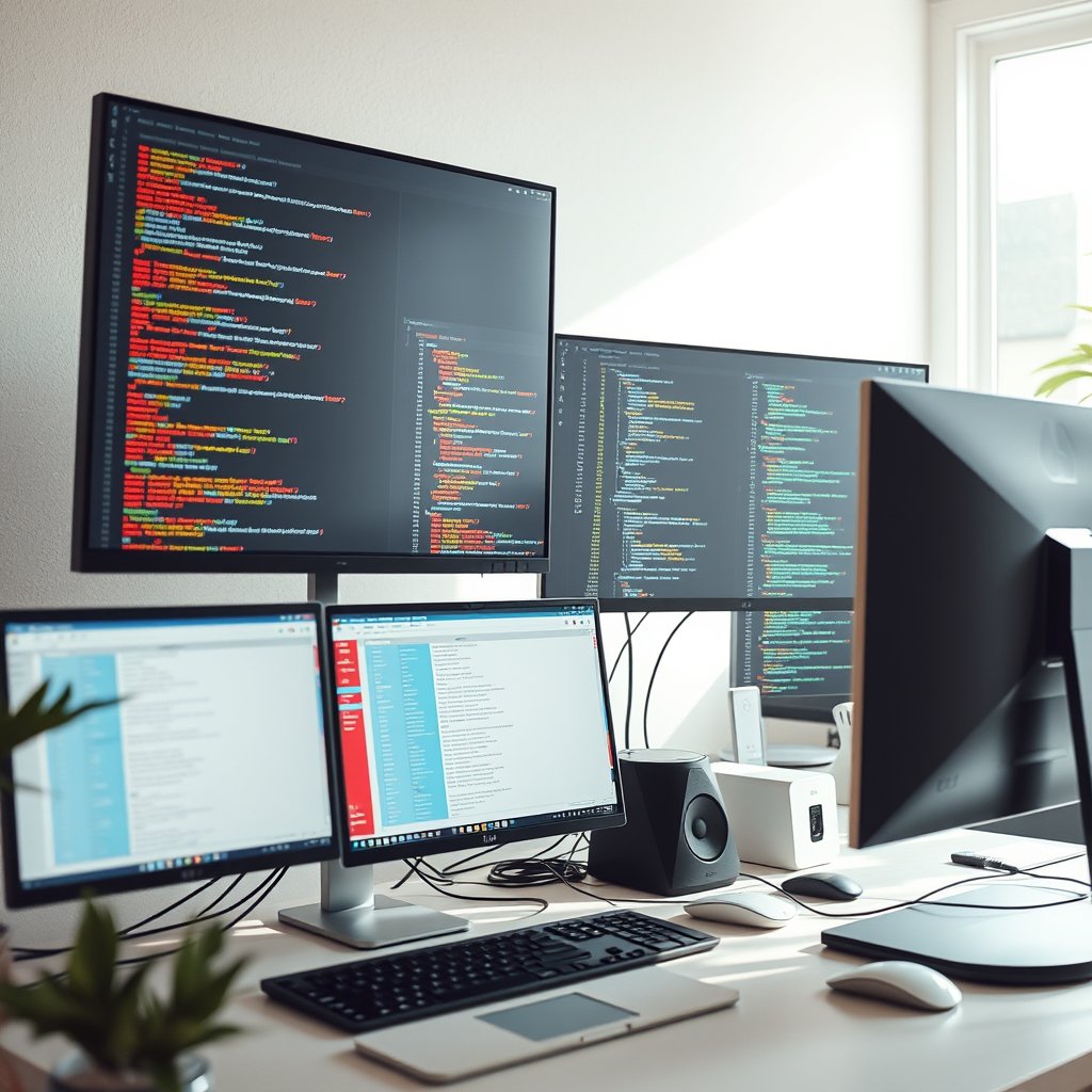 a developer workspace with multiple monitors showing code, bright and airy, pastel tones, dreamy aesthetic