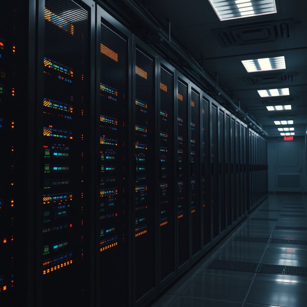 a server room with rows of glowing data racks, moody lighting, high contrast, fine art photography