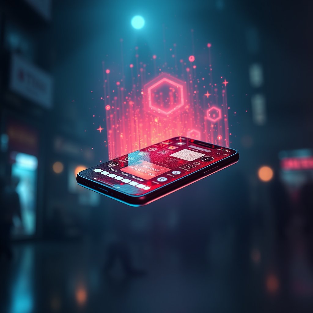 a smartphone floating with holographic interface, cinematic lighting, vibrant colors, dramatic atmosphere