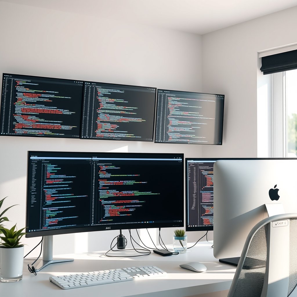 a developer workspace with multiple monitors showing code, bright and airy, pastel tones, dreamy aesthetic