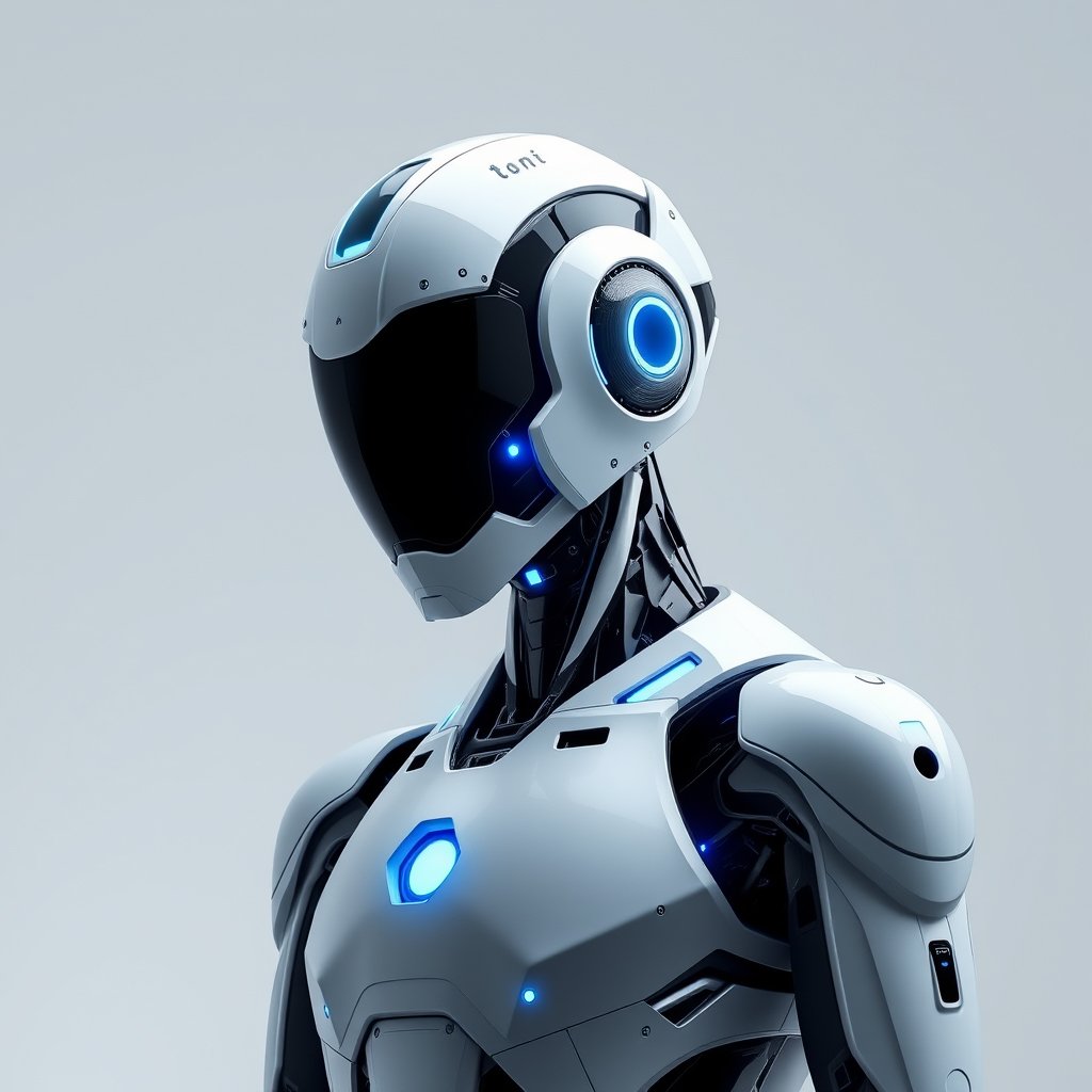 a futuristic robot with glowing blue accents, minimalist composition, clean background, elegant