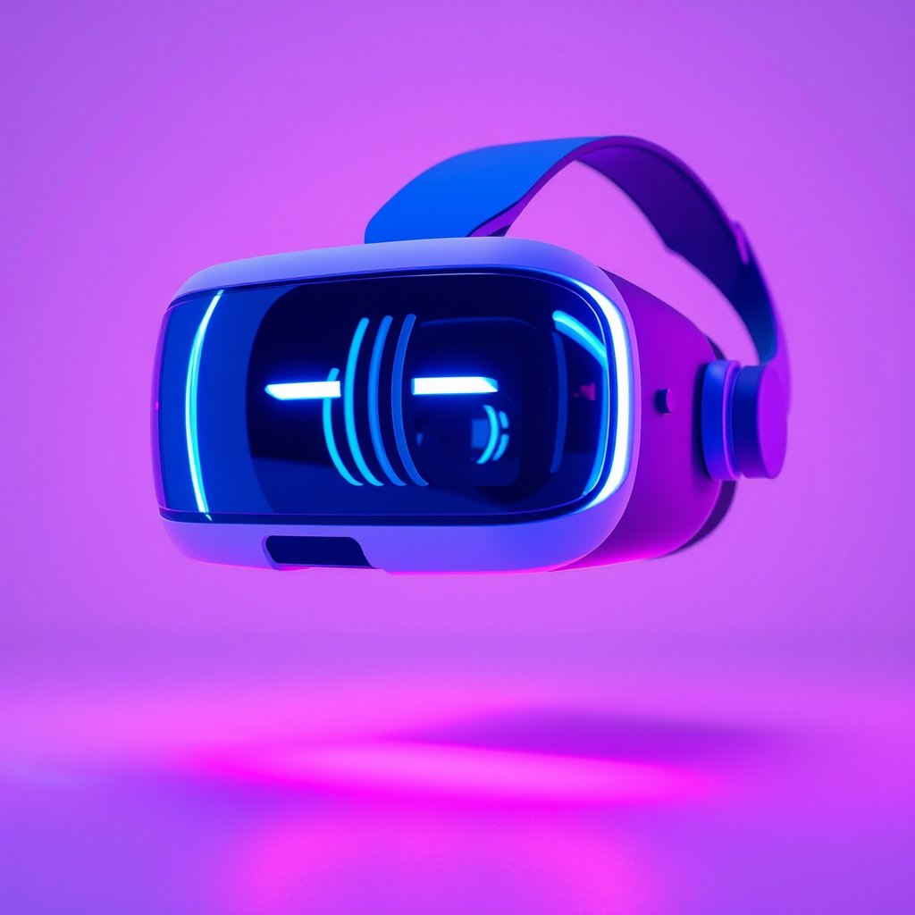 a virtual reality headset with neon light reflections, minimalist composition, clean background, elegant