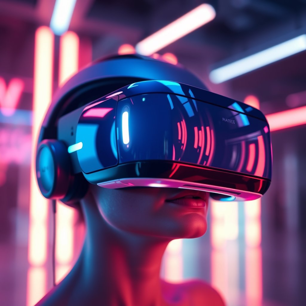 a virtual reality headset with neon light reflections, ultra realistic, crisp details, studio quality