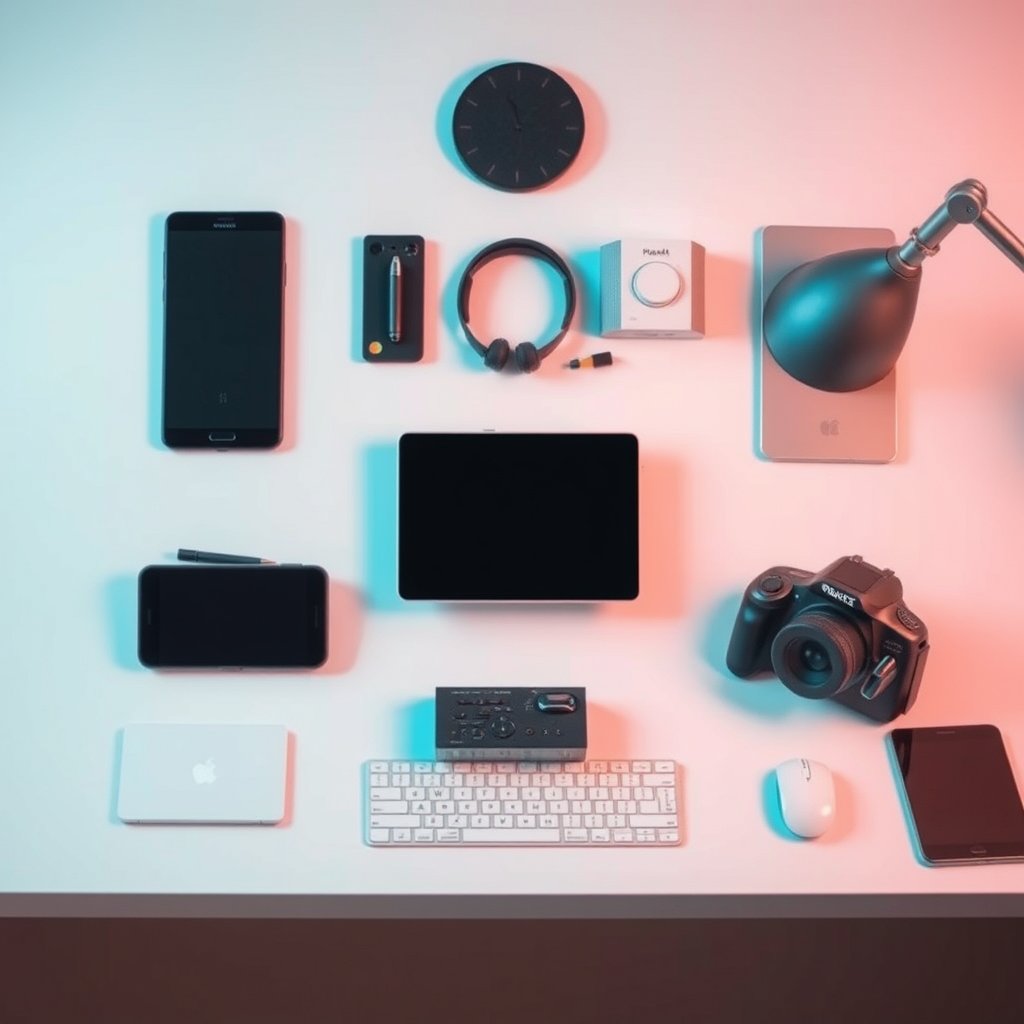 a clean flat-lay of tech gadgets on a desk, bright and airy, pastel tones, dreamy aesthetic