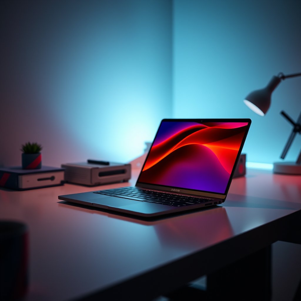 a sleek modern laptop on a clean desk with soft lighting, cinematic lighting, vibrant colors, dramatic atmosphere