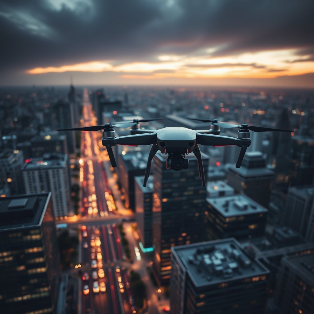 a drone flying over a modern city at dusk, moody lighting, high contrast, fine art photography