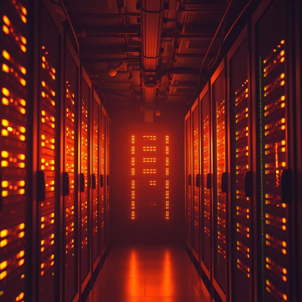 a server room with rows of glowing data racks, golden hour lighting, warm tones, atmospheric