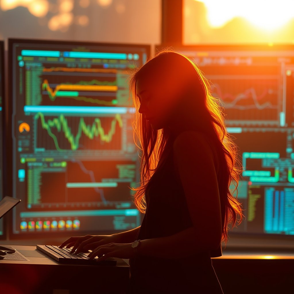 Digital electronic, golden hour lighting, warm tones, atmospheric