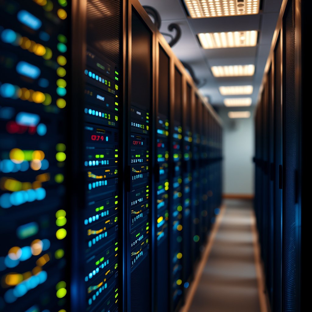a server room with rows of glowing data racks, soft natural light, shallow depth of field, bokeh