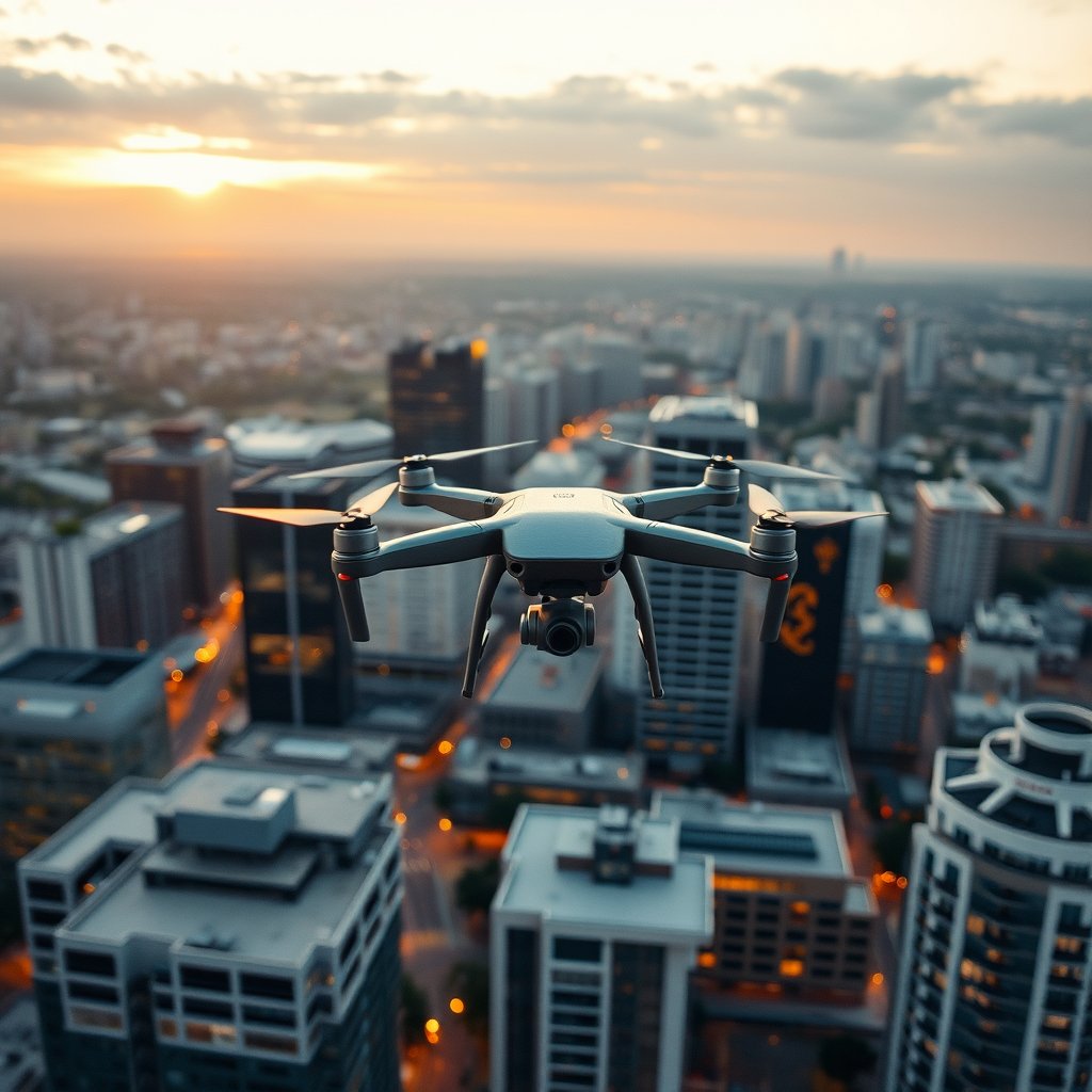 a drone flying over a modern city at dusk, golden hour lighting, warm tones, atmospheric