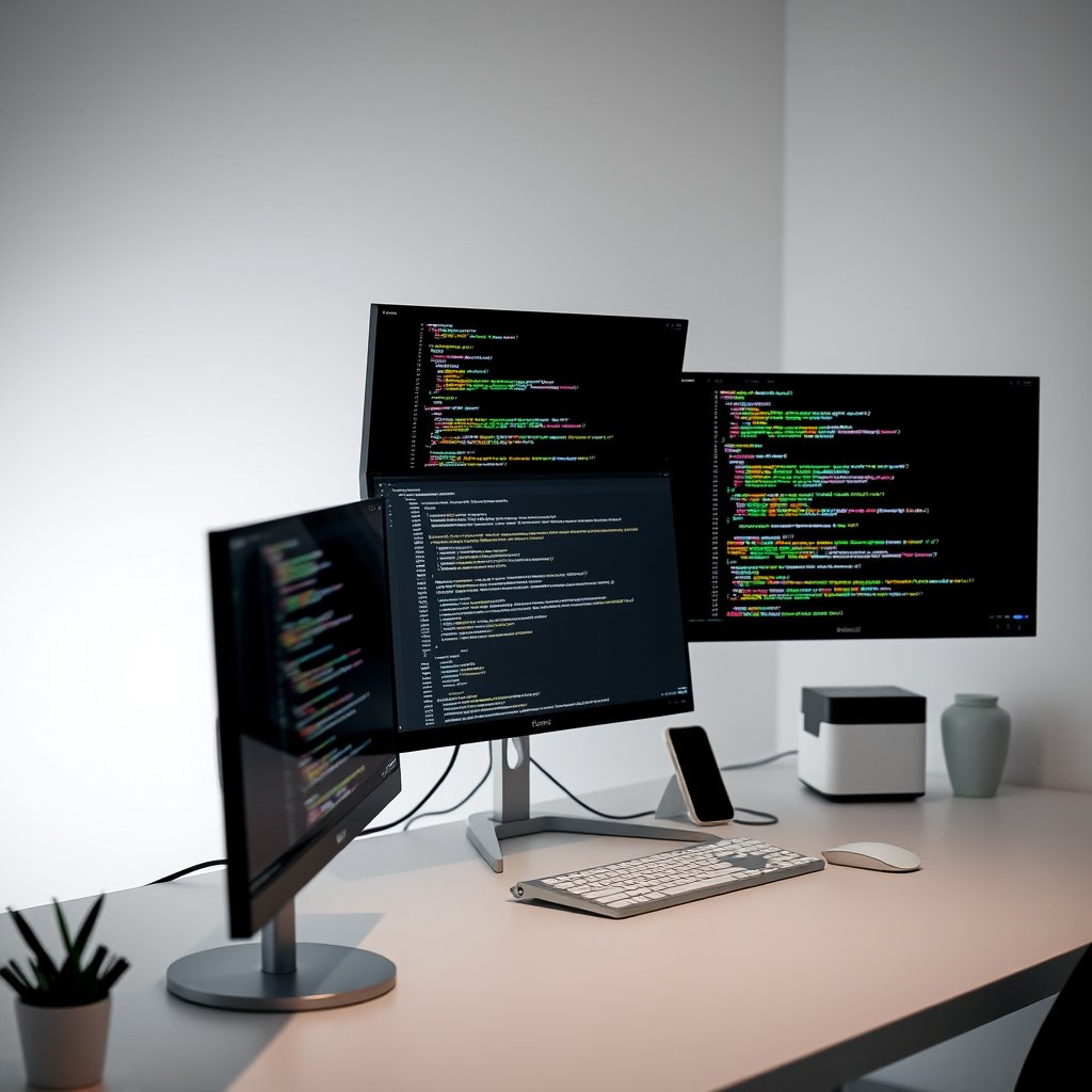 a developer workspace with multiple monitors showing code, minimalist composition, clean background, elegant
