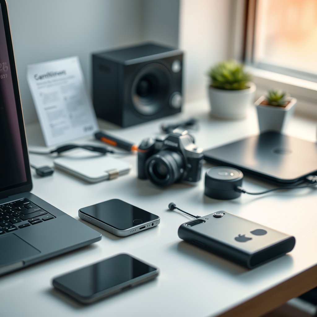 a clean flat-lay of tech gadgets on a desk, soft natural light, shallow depth of field, bokeh