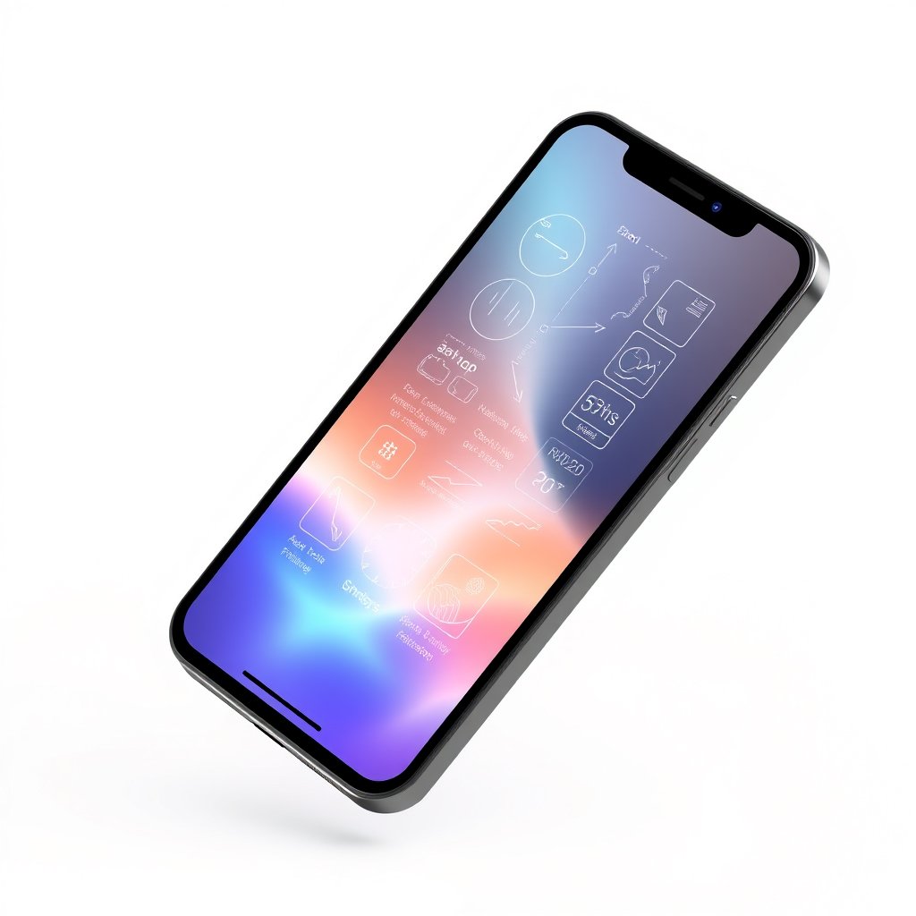 a smartphone floating with holographic interface, minimalist composition, clean background, elegant