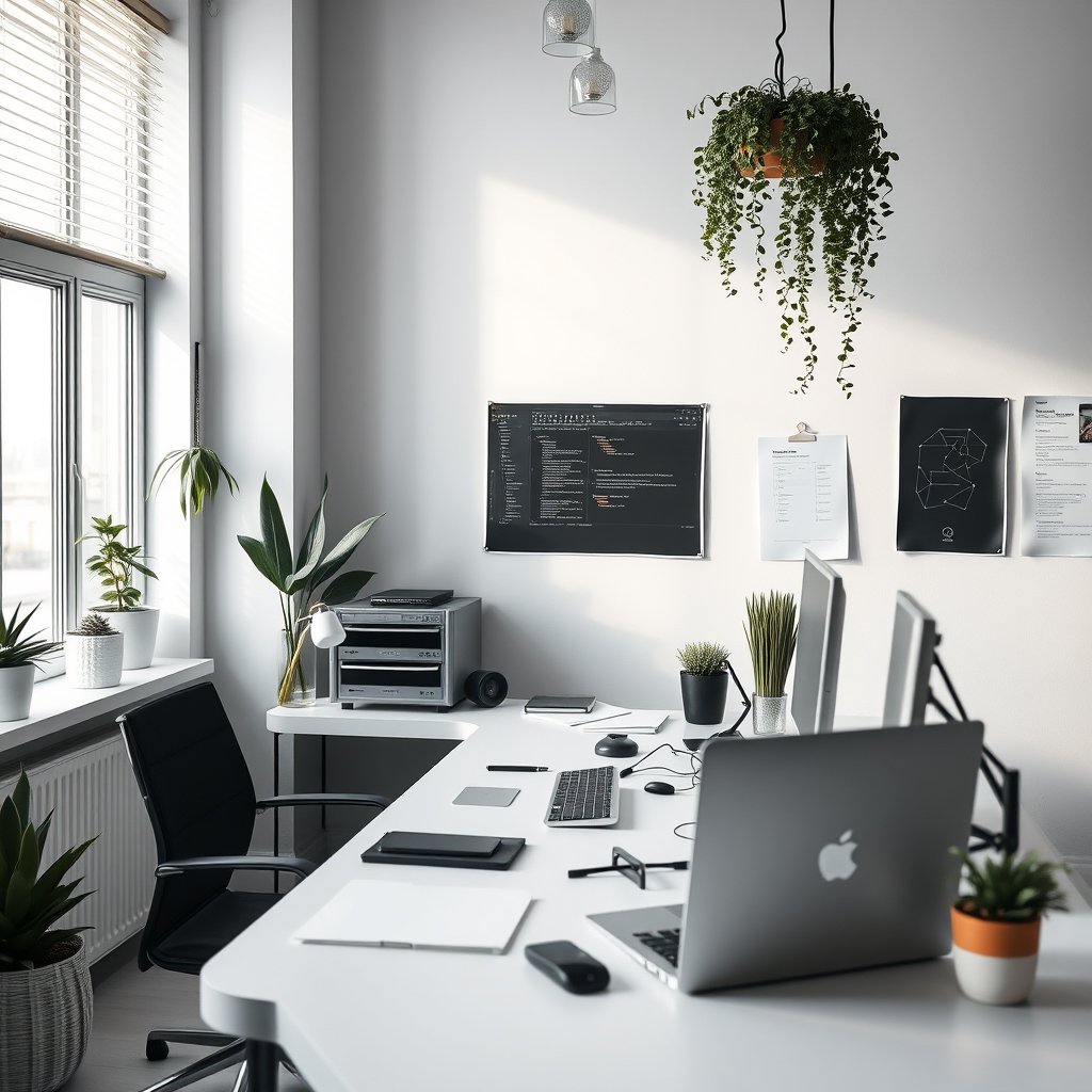 programador full stack en su oficina trabajando, minimalist composition, clean background, elegant