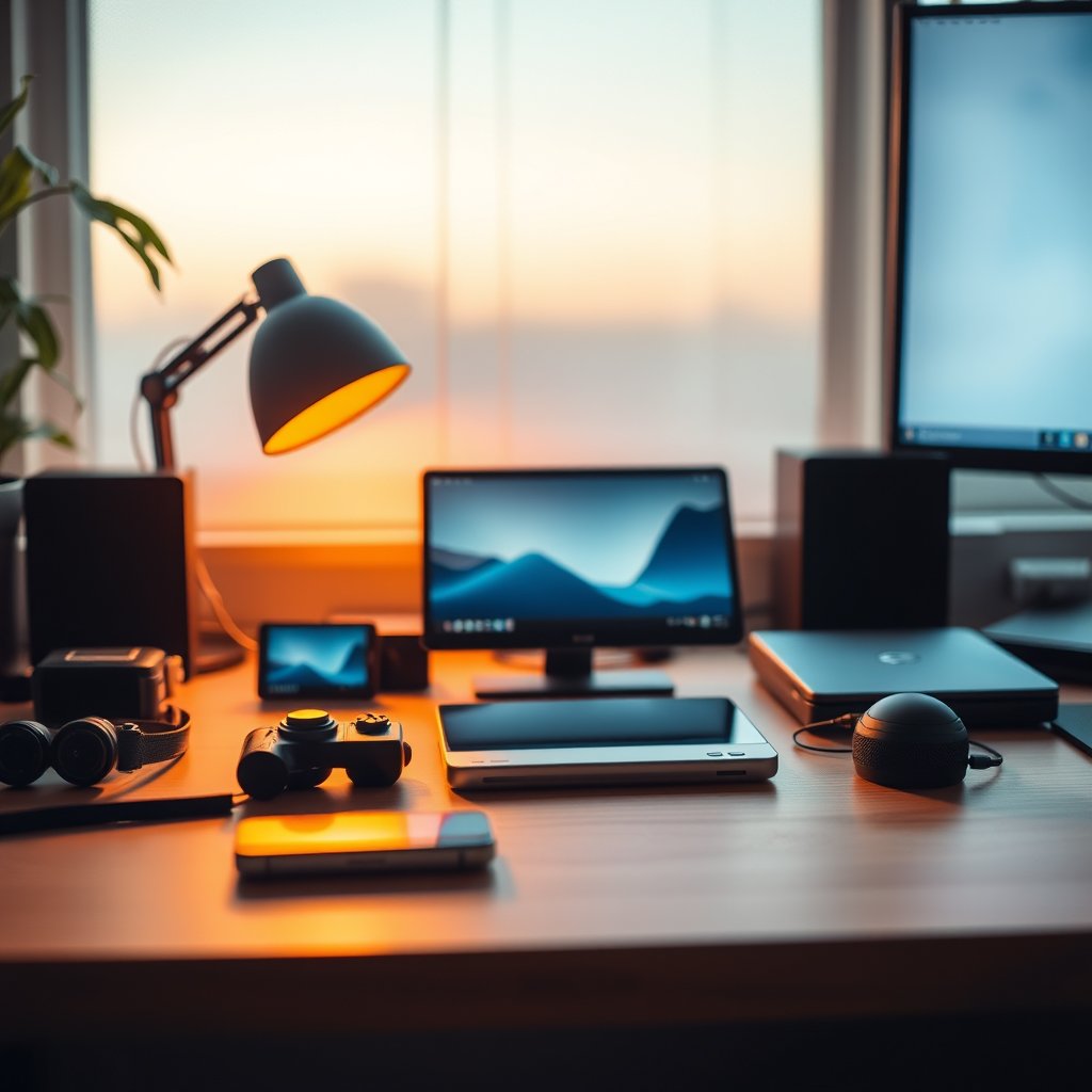 a clean flat-lay of tech gadgets on a desk, golden hour lighting, warm tones, atmospheric