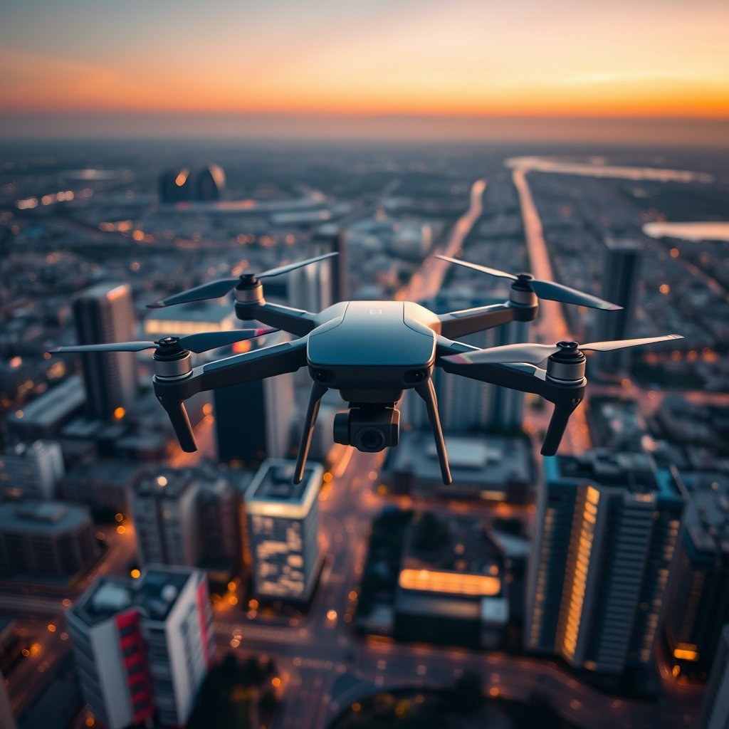 a drone flying over a modern city at dusk, highly detailed, 8k, professional photography, sharp focus