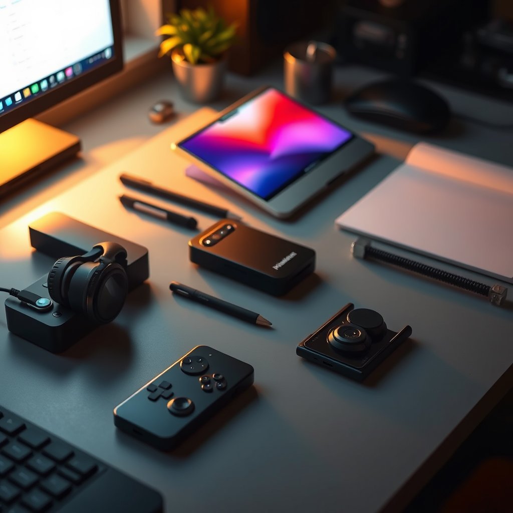 a clean flat-lay of tech gadgets on a desk, golden hour lighting, warm tones, atmospheric