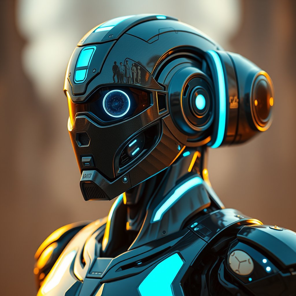 a futuristic robot with glowing blue accents, golden hour lighting, warm tones, atmospheric